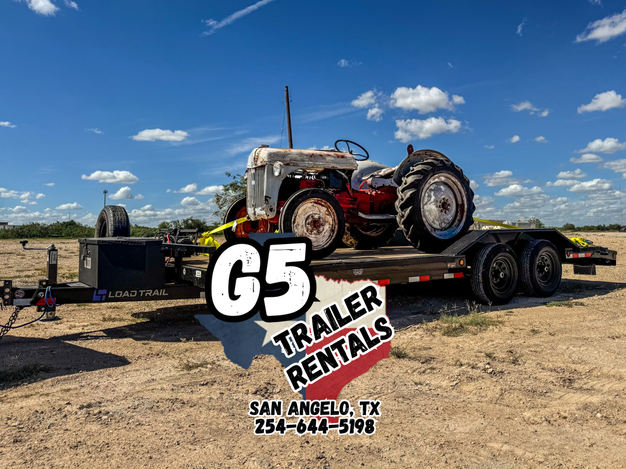 Vintage tractor loaded on flatbed trailer rental - G5 Trailer Rentals equipment hauling
